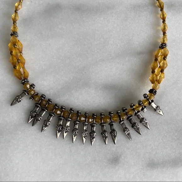 VINTAGE β’ Bohemian Vamp Spiked Beaded Necklace Hippie Savage Yellow Silver Tone - Picture 2 of 8